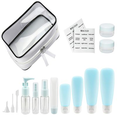 MAGIGO Blue Toiletries Leak Proof Travel Bottle Set (16 Pack), TSA Approved Airline Carry-On with Clear Bags for Women