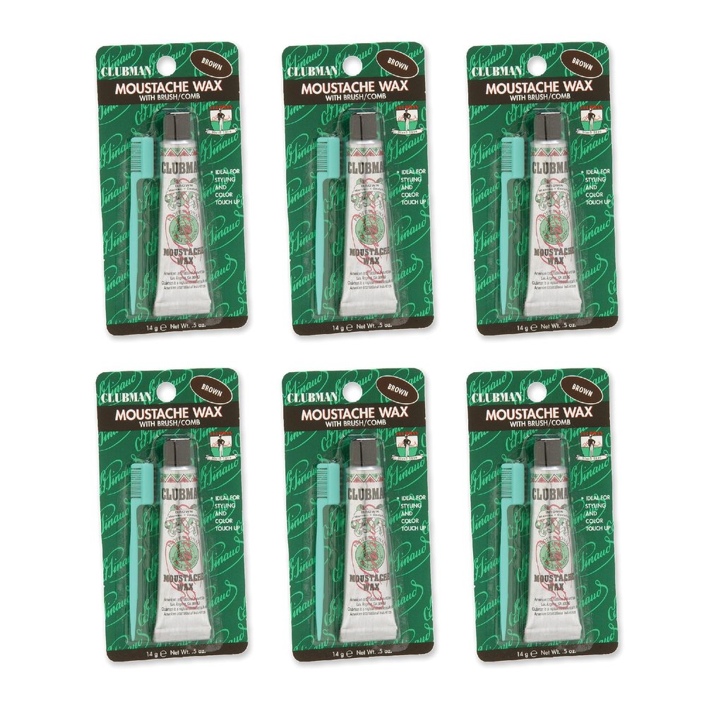 Clubman Pinaud Moustache Wax with Comb Applicator, For Styling & Color Enhancement, Brown, 0.5-Ounce (Pack of 6)