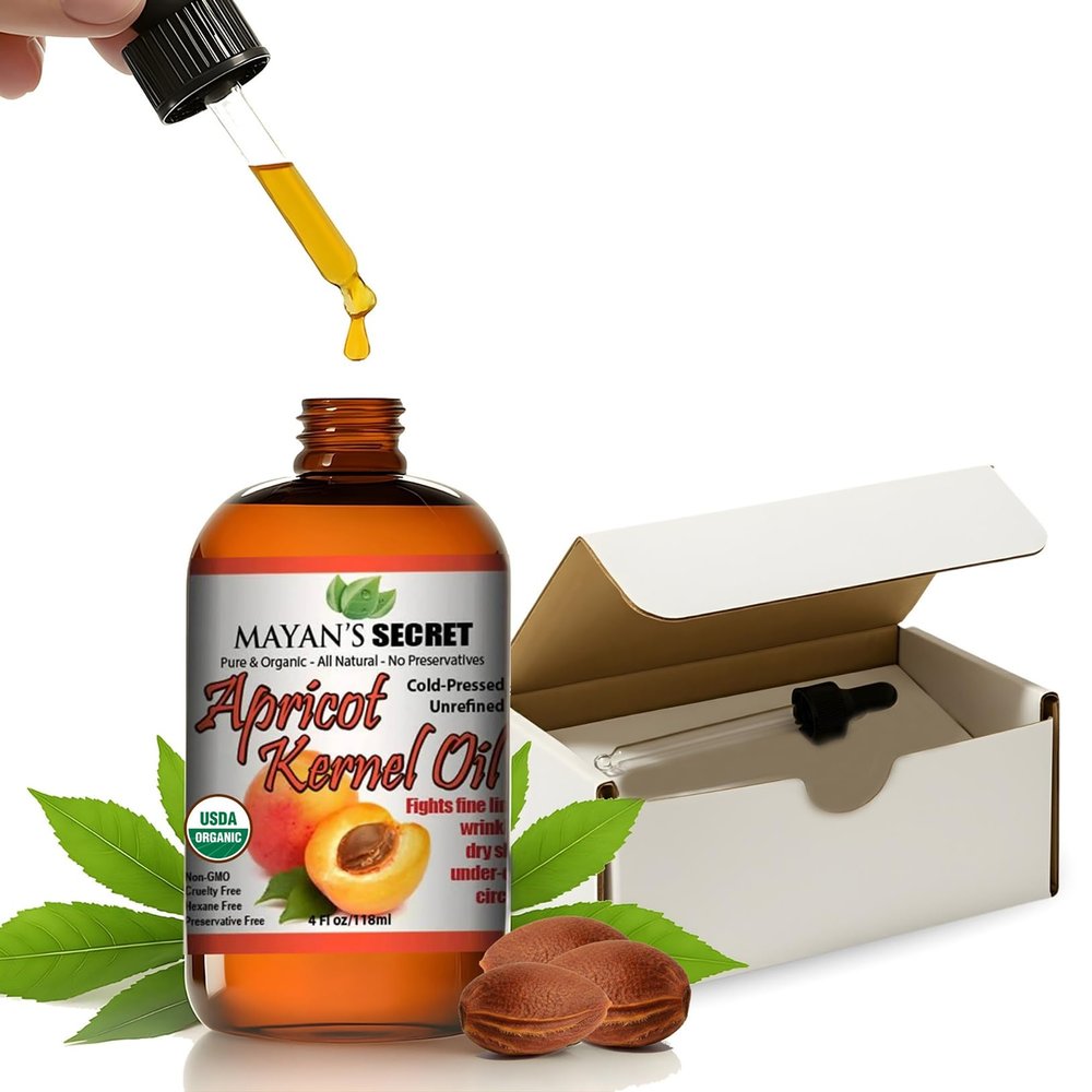 Mayans Secret Organic Apricot Kernel Oil Cold Pressed & Unrefined Moisturizing for Skin, Face, and Hair Pure Organic Apricot Seed Oil in Amber Glass Bottle with Dropper, 4 oz. - USDA Certified