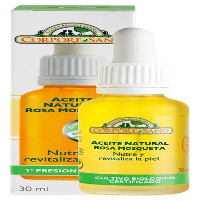 Corpore Sano Musk Rose Oil with Sweet Almonds Oil/Aceite de Rosa Mosqueta con Aceite de Almendras Dulces Nourishes & Revitilizes the Skin .Certified Organic Growing. 30 ml/1 fl.oz.