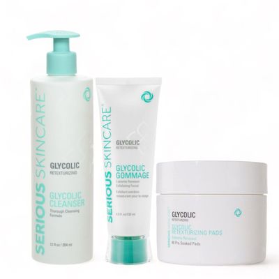Serious Skincare - Glycolic Radiant Skin Set - Improve Appearance of Lines, Wrinkles and Enlarged Pores - Face Wash Cleanser, Gommage Exfoliating Clay Mask & Retexturizing Treatment Pads (3piece)