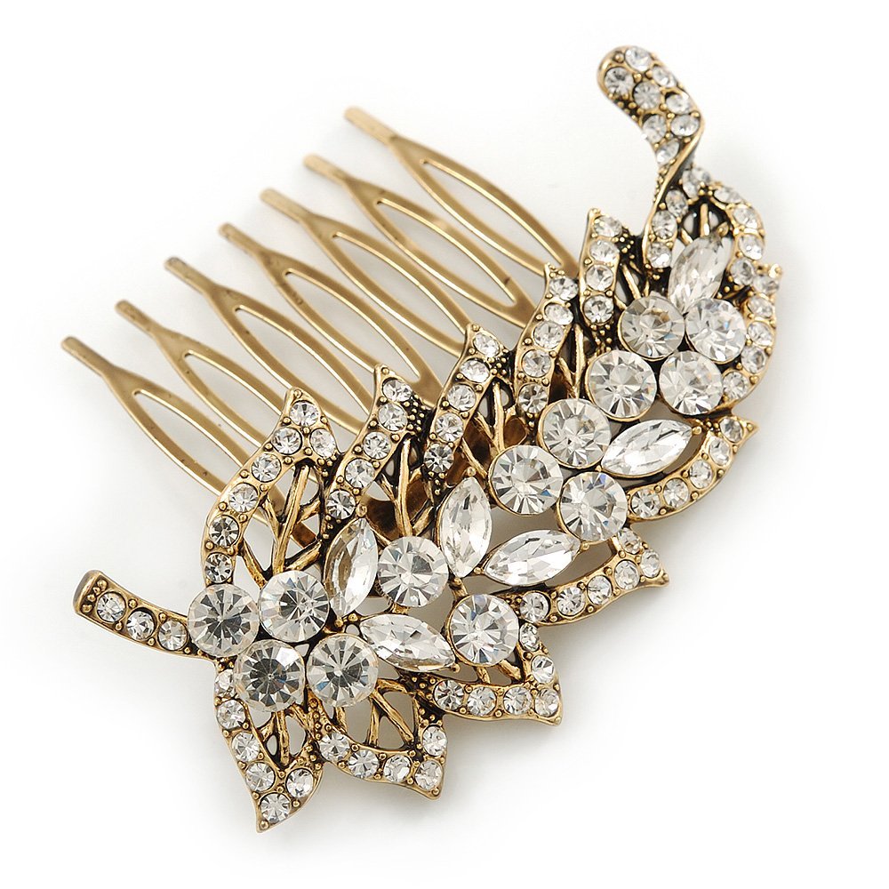 Vintage Inspired Clear Austrian Crystal 'Leaf' Side Hair Comb In Gold Tone - 70mm