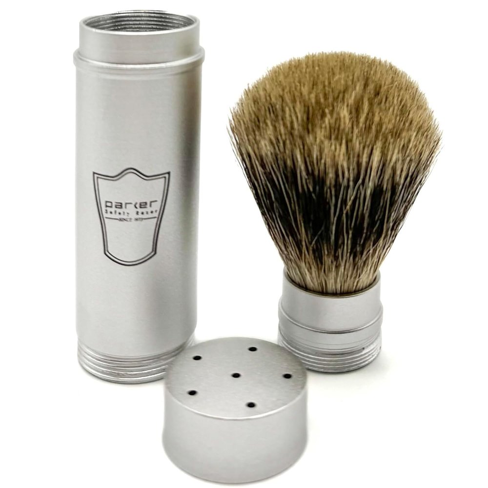 Parker Full Size Travel Shaving Brush with Pure Badger Bristles - Ingenious Design Stores the Brush Head in the Handle Making the Brush Compact for Travel