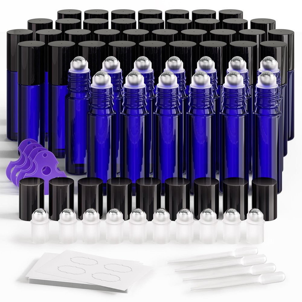 ULG Essential Oil Roller Bottles 48 Pack 10ml Cobalt Blue Glass Empty Bottles with Stainless Steel Roller Balls (10 Extra Roller Balls, 4 Openers, 4 Droppers, 48 Waterproof Labels)