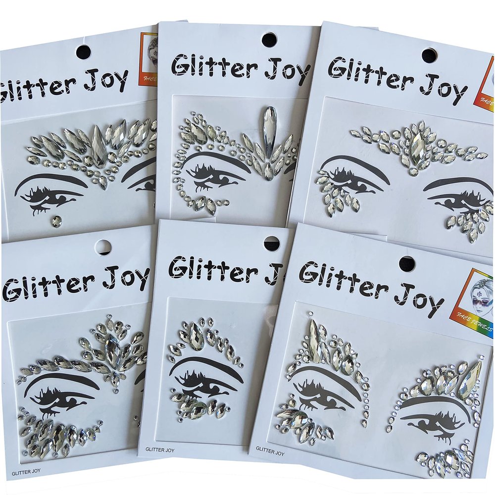 Festival Face Jewels Tattoo - Face Gems Stickers, Temporary Body Gem Sticker Tattoos for Festival, 6-Pack, Clear
