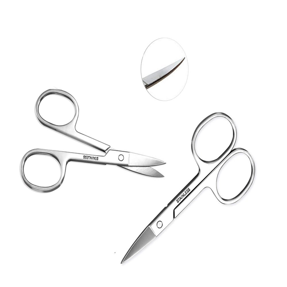 2 Pieces Stainless Steel Eyebrow Moustache Facial Nose Ear Hair Curved Edge Scissors (2-piece Bundled)
