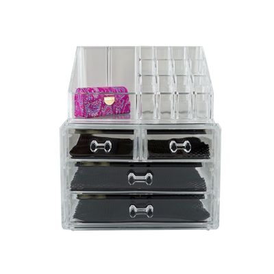 6goodeals 4 Drawers (2 Small 2 Large) Acrylic Cosmetic Make Up Organizer & Jewelry Storage, 2 Pieces Display Set with Lipstick Case