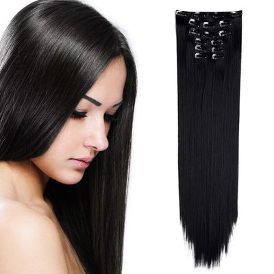 Onedor 24" Straight Synthetic Clip in Hair Extensions. 7 individual pieces for multiple styles.140g (1B-off Black)