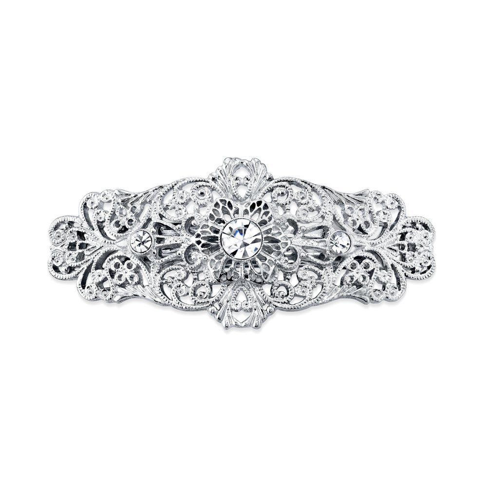 1928 Jewelry Opulent Filigree Round Crystal Bar 3.38 Inch Hair Barrette Clip For Women (1 Pcs)