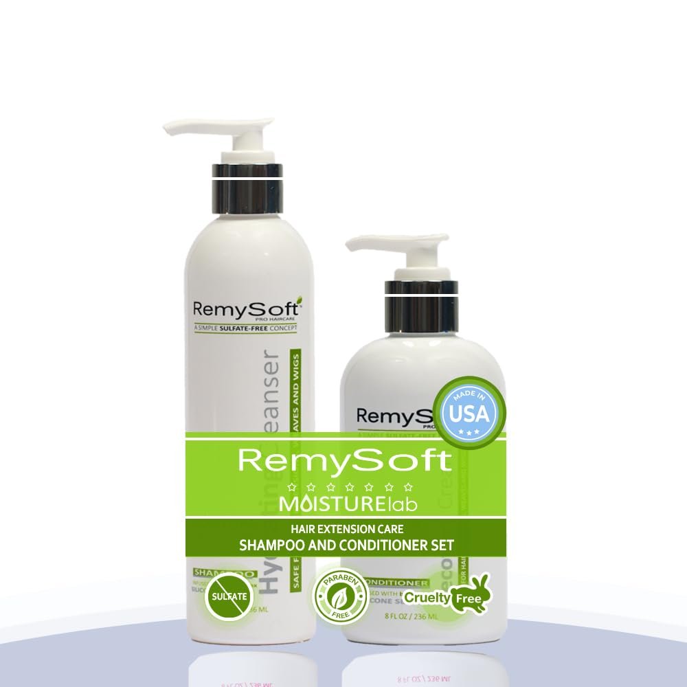 RemySoft Sulfate-Free Detangling Duo: Hydrating Shampoo + Recovery Conditioner for Human & Synthetic Extensions Wigs Weaves Lace Fronts - Moisturelab Gentle Color-Safe Salon-Grade