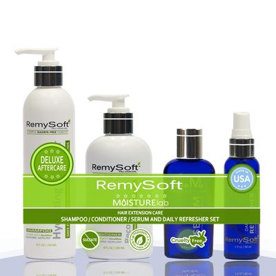RemySoft Moisturelab Deluxe System - Safe for Hair Extensions, Weaves and Wigs - Salon Formula Shampoo, Conditioner & Serum - Gentle Sulfate-free Lather