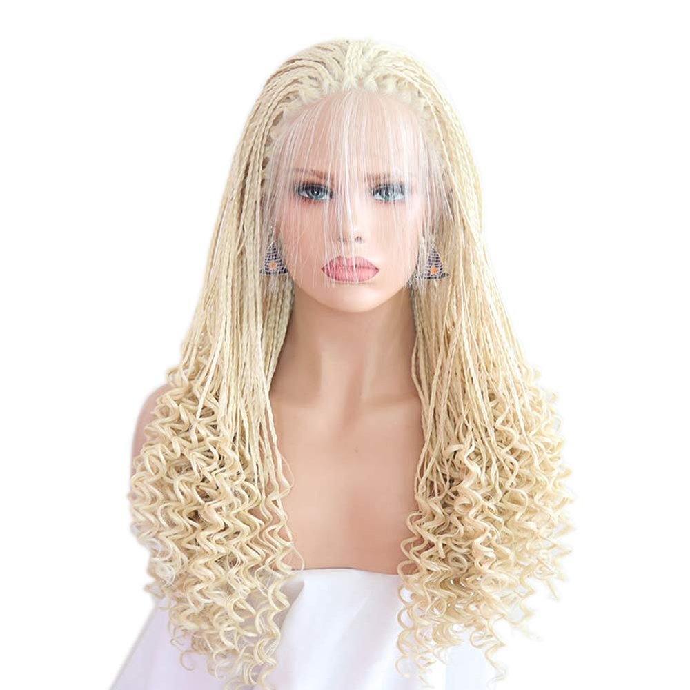Million Braids Lace Front Wig Wavy End Hair Cap+26'' Braided Lace Wigs Blonde Hair for Women Synthetic Heat Resistant Long Braids Wig Glueless Half Hand Tied 613 Blond