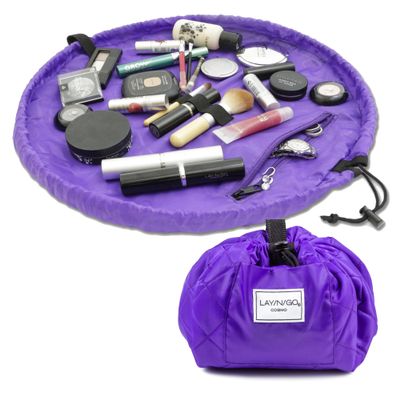 Lay-n-Go Cosmo Layflat Drawstring Cosmetic & Makeup Bag Organizer w/Zipper Pocket, Brush Loops & More, Cinch to Close, Lay Flat to Use, Durable, Machine Wash, Travel Toiletry Bag (20", Purple)