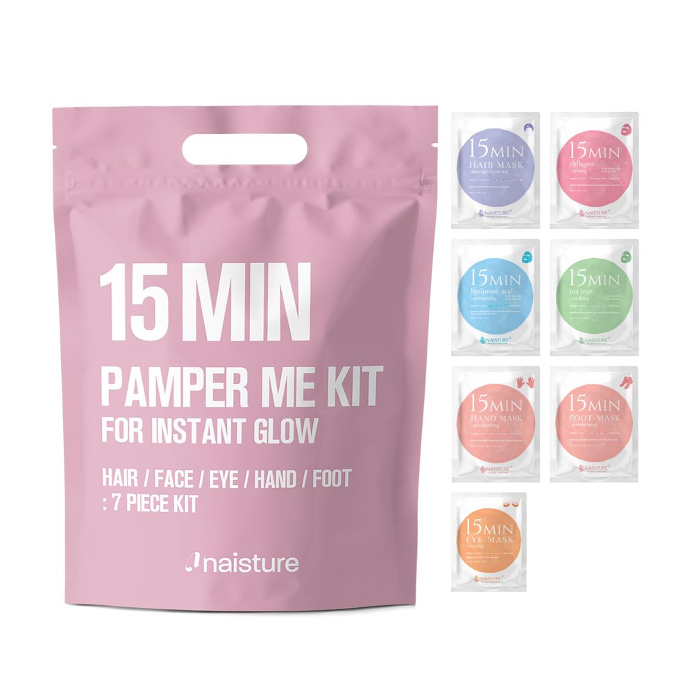 15 Min Pamper Me Kit by Naisture  Korean Spa and Skincare Kit for Women with Hair Mask, Hand and Foot Masks, Eye Mask, and Face Masks