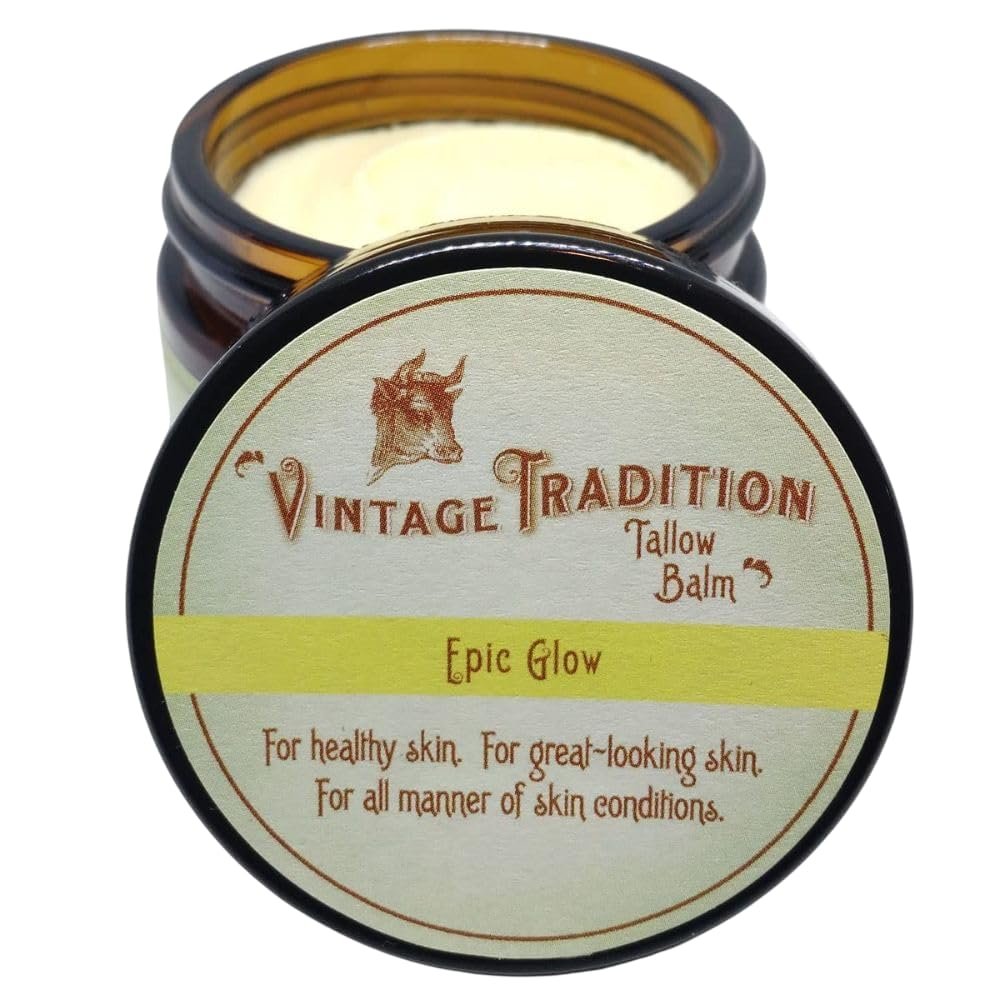 Vintage Tradition Epic Glow Beef Tallow Balm  Glow Boosting Moisturizer with Lavender Oil, Myrrh Oil, Manuka Face Oil, and Fish Oils  Beef Tallow for Skin Care from Head to Toe, 2 fl. oz.