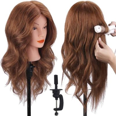 Mannequin Head with 100% Human Hair, TopDirect Real Hair Cosmetology Mannequin Head Hair Styling Hairdressing Practice Training Doll Head with Clamp Holder and Tools (Dark Brown)