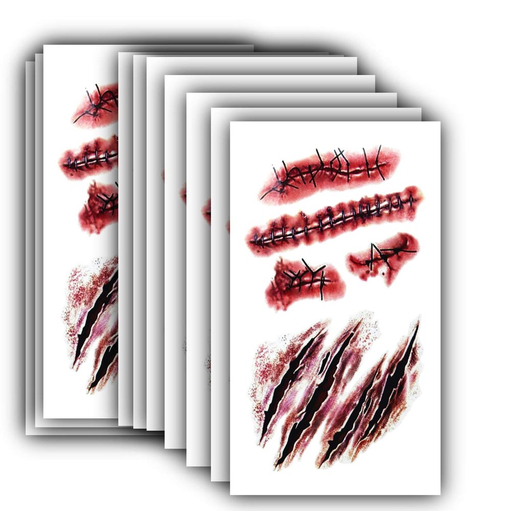10pcs Fake Bloody Wound Stitch Scar Scab Waterproof Temporary Tattoo Sticker Halloween Masquerade Prank Makeup Props (10pcs S165)