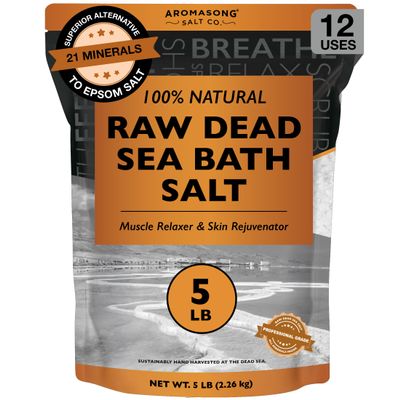 Aromasong Raw Dead Sea Bath Salt - Minimally Cleaned, Contains More Dead Sea Minerals Including Dead Sea Mud - 100% Pure & Natural Dead Sea Salts for Soaking 5 LB - Bulk Resealable Pack