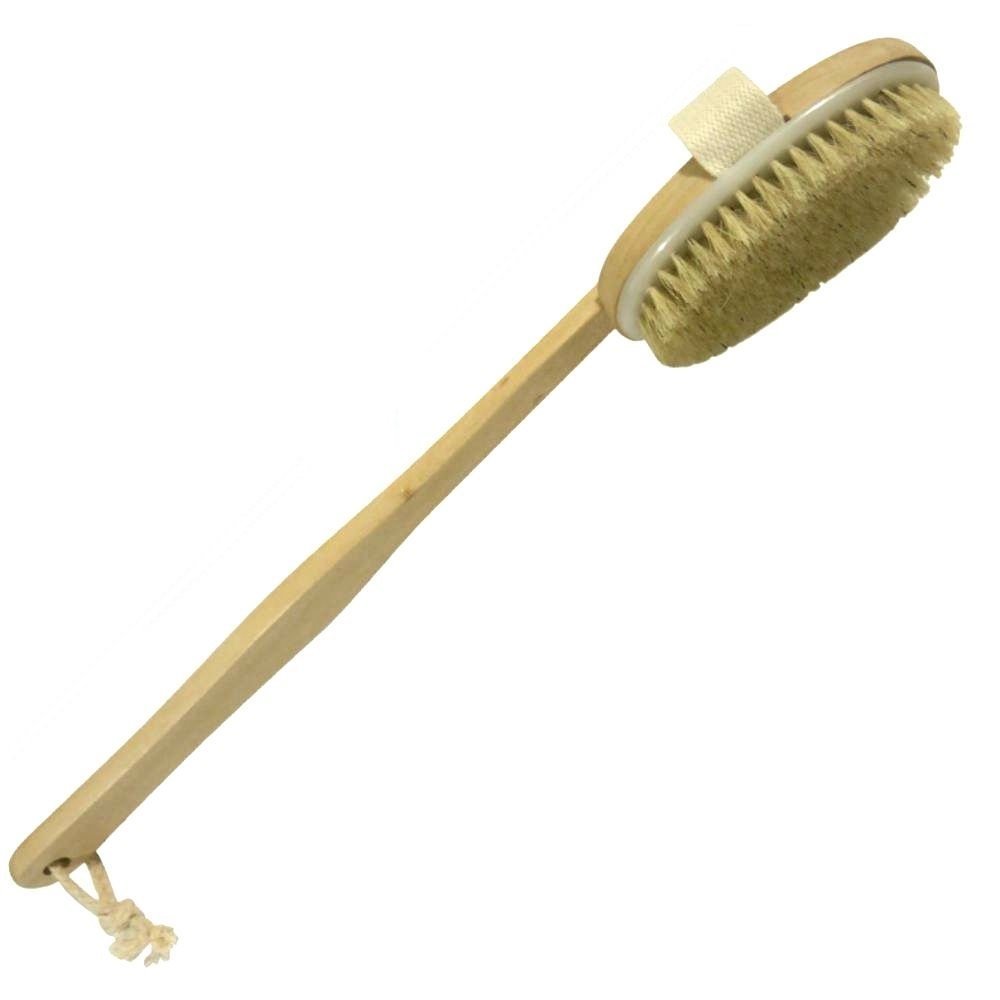 Dry Skin Body Brush 16"- Natural Bristle - For Dry Brushing - Detachable Handle -Removes Dead Skin & Toxins, Helps Cellulite, Lymphatic Functions, Blood Circulation & Exfoliation-Pouch & Hook Included