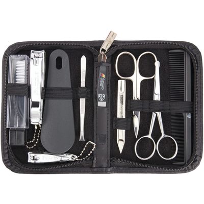 3 Swords Germany  brand quality 10 piece manicure pedicure grooming kit set for nail care tweezers file clipper, Made by 3 Swords (BLACK - GENUINE LEATHER)