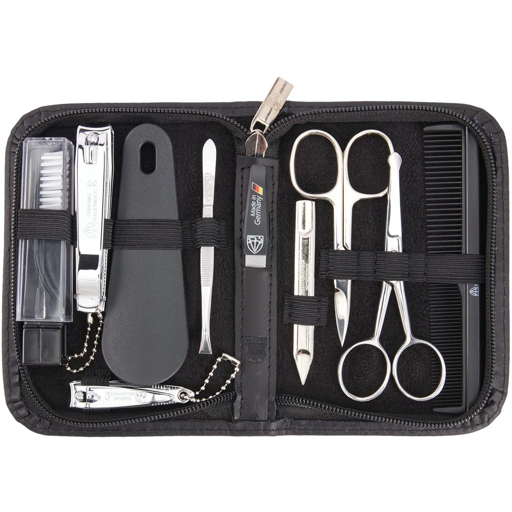 3 Swords Germany brand quality 10 piece manicure pedicure grooming kit set for nail care tweezers file clipper, Made by 3 Swords (BLACK - GENUINE LEATHER)