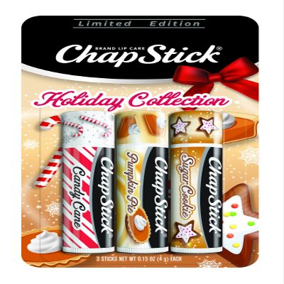 ChapStick Holiday Collection, Lip Balm Tube, 0.15 Ounce Each (Candy Cane, Pumpkin Pie & Sugar Cookie Flavors, 1 Blister Pack of 3 Sticks, Great Gifts for Women