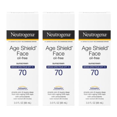 Neutrogena Age Shield Face Oil-Free Sunscreen Lotion with Broad Spectrum SPF 70, Non-Comedogenic Moisturizing Sunscreen to Help Prevent Signs of Aging, PABA-Free, 3 fl. oz (Pack of 3)