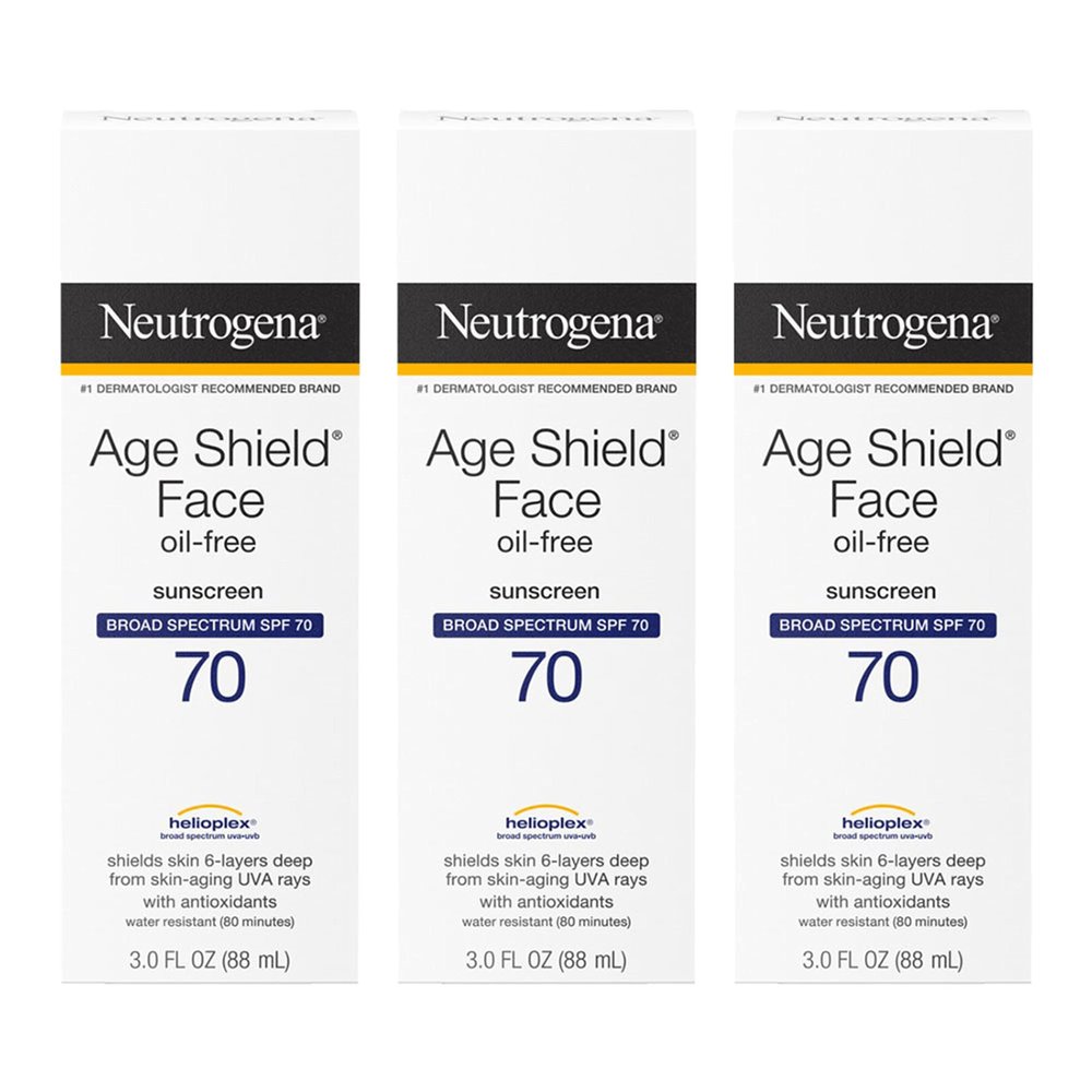 Neutrogena Age Shield Face Oil-Free Sunscreen Lotion with Broad Spectrum SPF 70, Non-Comedogenic Moisturizing Sunscreen to Help Prevent Signs of Aging, PABA-Free, 3 fl. oz (Pack of 3)