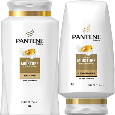 Pantene Moisturizing Shampoo 25.4 OZ and Silicon-Free Conditioner 24 OZ for Dry Hair, Daily Moisture Renewal, Bundle Pack (Packaging May Vary)