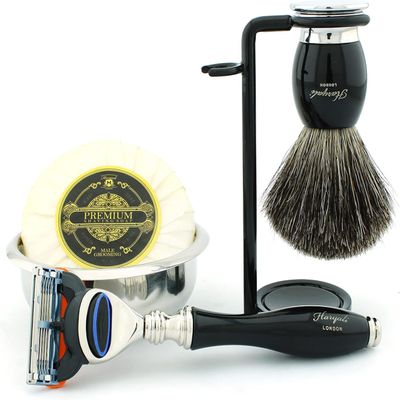 Haryali London 5 Pc Mens Shaving Kit 5 Edge Razor With Black Badger Hair Shaving Brush, Stand, Soap and Stainless Steel Bowl Perfect Set For Men