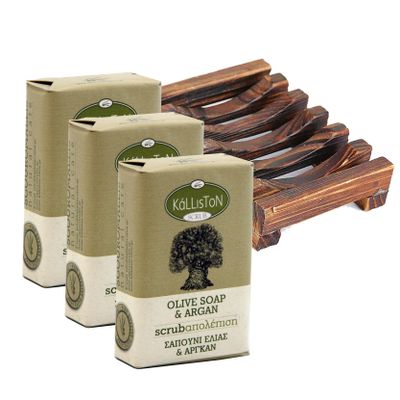 Kalliston, Olive Soap Scrub with Argon Oil, Sensitive and Dry Skin, Made in Ancient Crete, Greece, Pack of 4