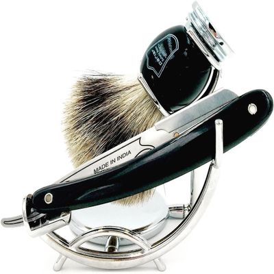 Parker Safety Razor Classic Black Straight Edge Barber Razor Shave Set - Includes 100% Pure Badger Brush, Chrome Stand, SRB Shavette Razor and 100 Blades