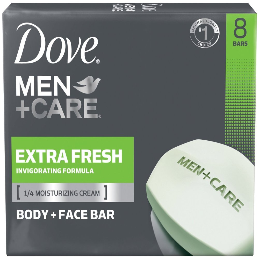 (2 Pack) Dove Men + Care Body and Face Bar, Extra Fresh, 4 Ounce, 8 Count