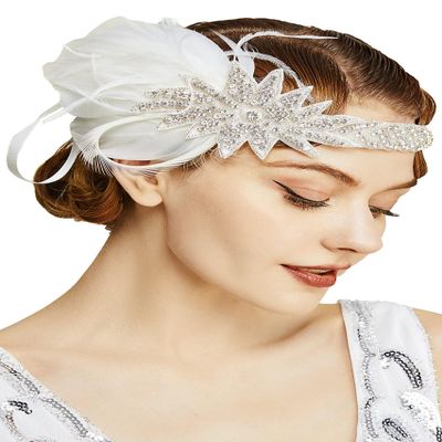 BABEYOND Vintage 1920s Flapper Headband Roaring 20s Great Gatsby Headpiece with Feather 1920s Flapper Gatsby Hair Accessories (White)