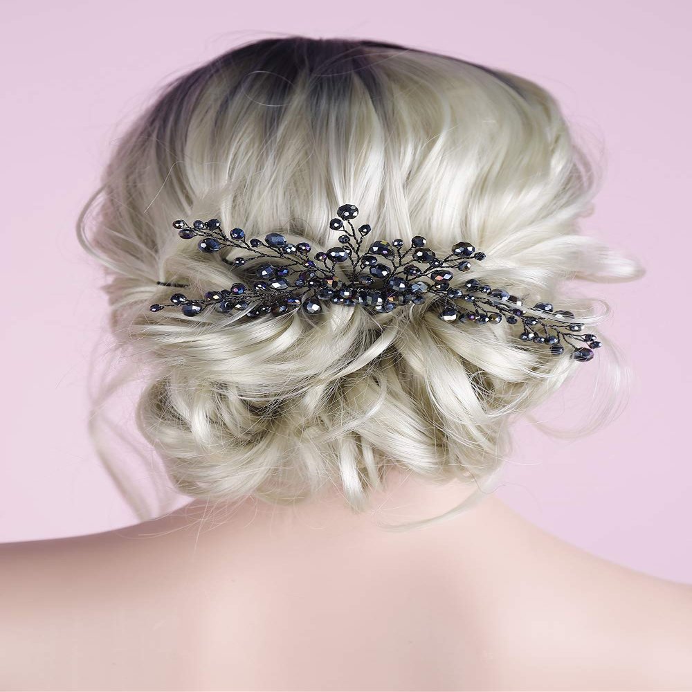 Anglacesmade Bridal Black Hair Comb Crystal Hair Crown Black Beaded Prom Party Festival Wedding Hair Accessories for Women and Girls