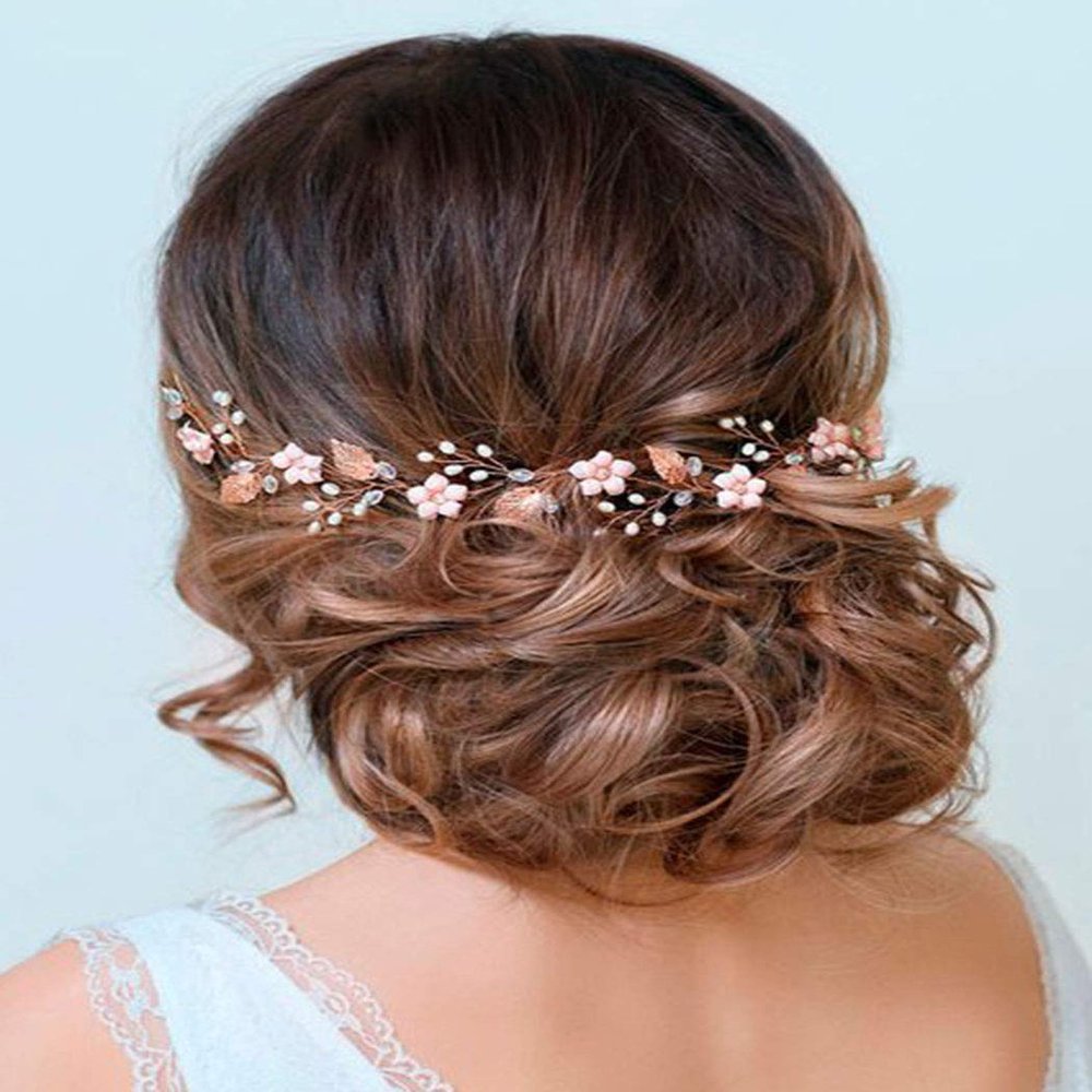 Barogirl Wedding Headpiece Rose Gold Bride Flower Hair Vine Pearl Bridal Crystal Headband for Women (Rose Gold)