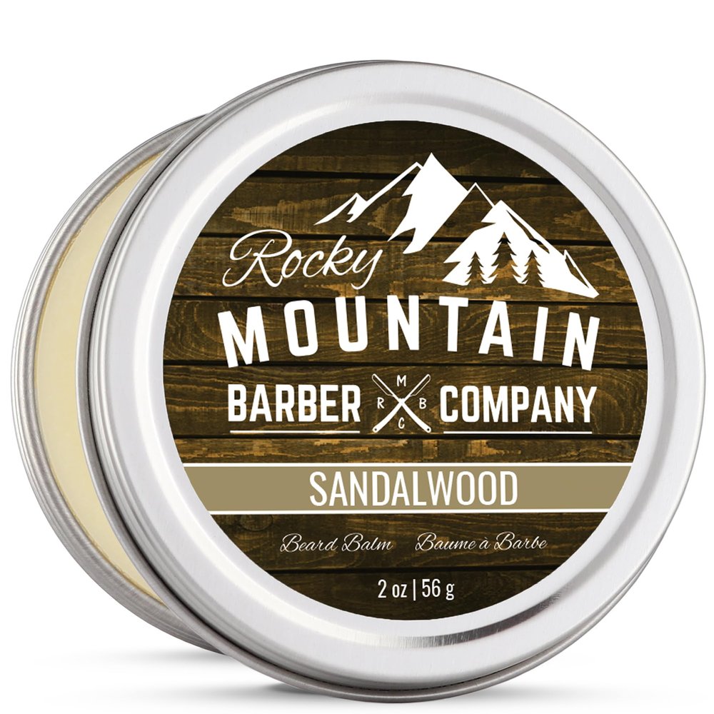 Beard Balm  Sandalwood Blend - Rocky Mountain Barber  with Nutrient Rich Bees Wax, Jojoba, Shea Butter, Coconut Oil  Contains Real Sandalwood Essential Oil