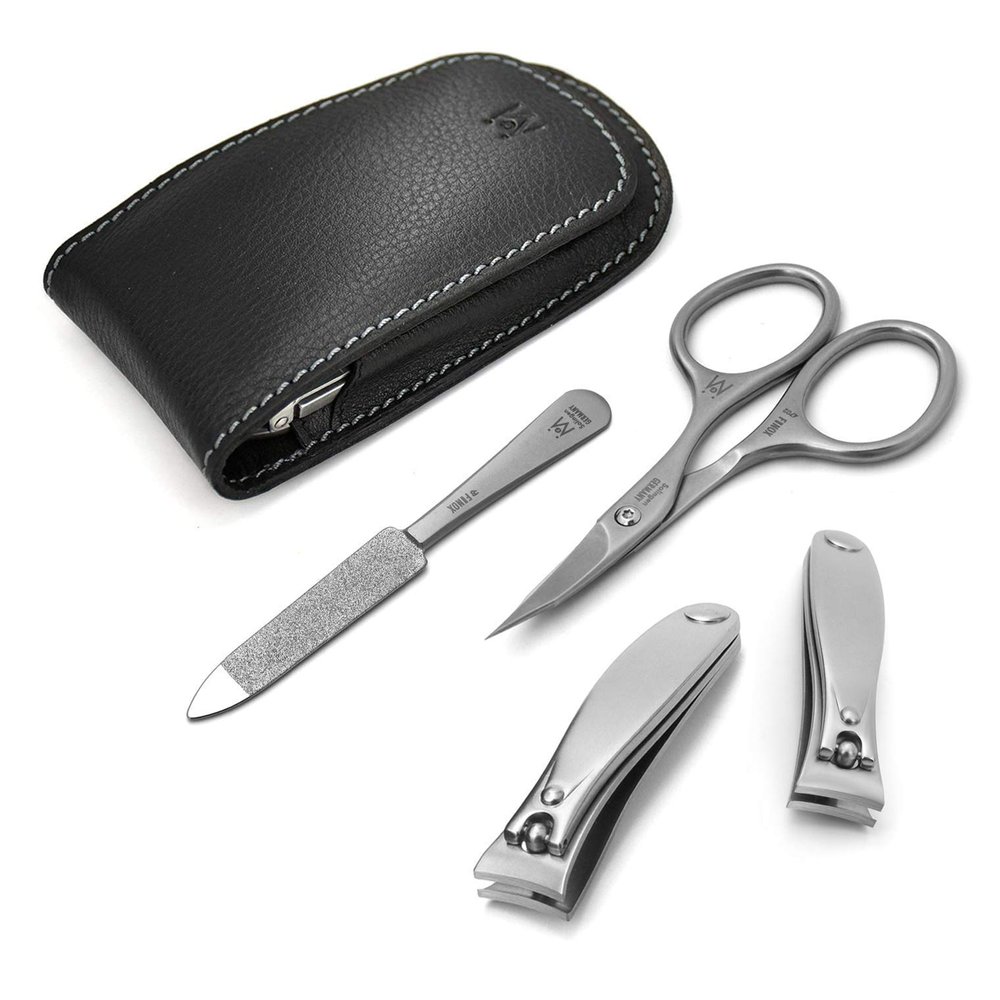 GERMANIKURE 4pc Manicure Set in Leather Case - Handmade in Solingen Germany, FINOX High Carbon Stainless Steel  Professional Travel Size Manicure and Pedicure Kit
