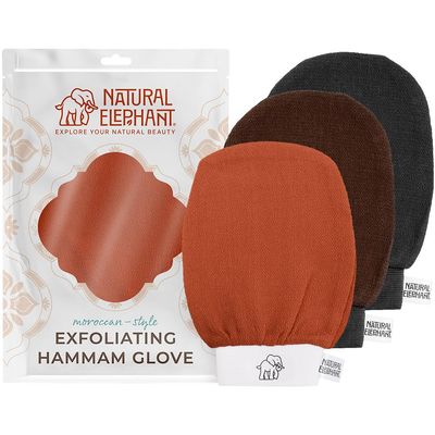 Natural Elephant Exfoliating Hammam Glove - Face and Body Exfoliator Mitt (Black, Brown and Orange (Pack of 3))