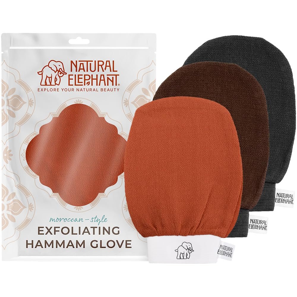 Natural Elephant Exfoliating Hammam Glove - Face and Body Exfoliator Mitt (Black, Brown and Orange (Pack of 3))
