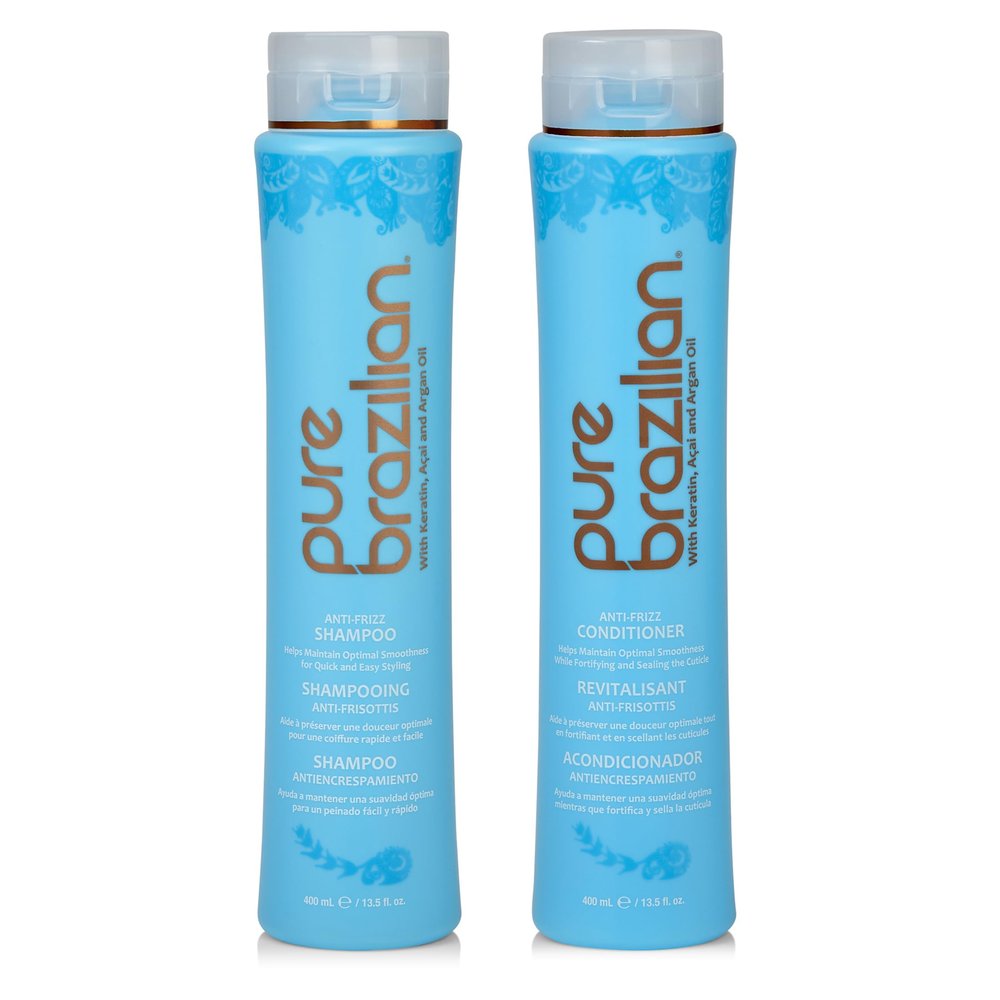 Pure Brazilian Anti-Frizz Daily Shampoo & Conditioner, Salt-Free & Color Safe, Enriched with Keratin, Argan Oil & Acai, 13.5 Ounce (400 Milliliter)