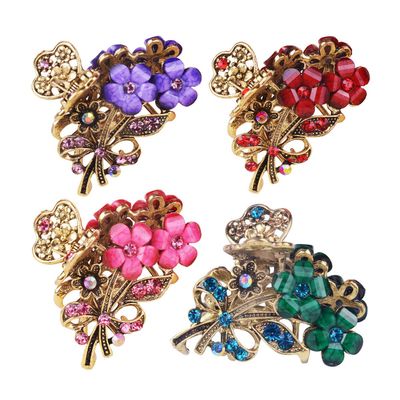 Numblartd 4 Pcs Vintage Flowers Medium Size Fancy Hair Claw Jaw Clips Pins with Rhinestone - Women Chic Metal Alloy Hair Clamp Hair Updo Grip Hair Accessories for Medium Hair