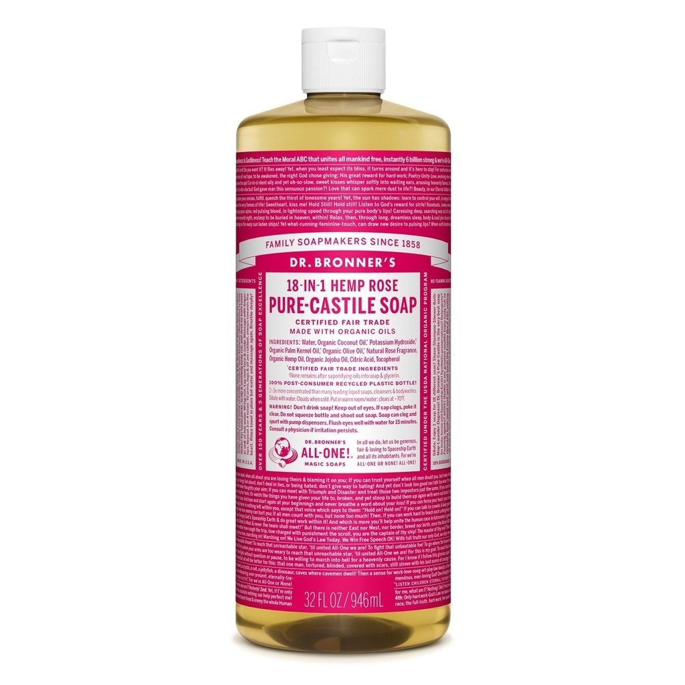 Dr. Bronner's - Pure-Castile Liquid Soap (Rose, 32 ounce) - Made with Organic Oils, 18-in-1 Uses: Face, Body, Hair, Laundry, Pets & Dishes, Concentrated, Vegan, Non-GMO