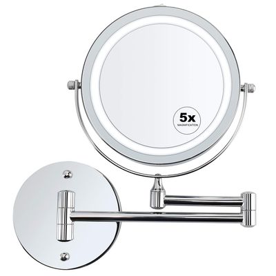 ALVOROG Wall Mounted Makeup Mirror LED Lighted Double Sided 5X Magnification 360 Swivel Extendable Cosmetic Vanity Mirror for Bathroom Hotels, Powered by Batteries (Not Included)-7 inches