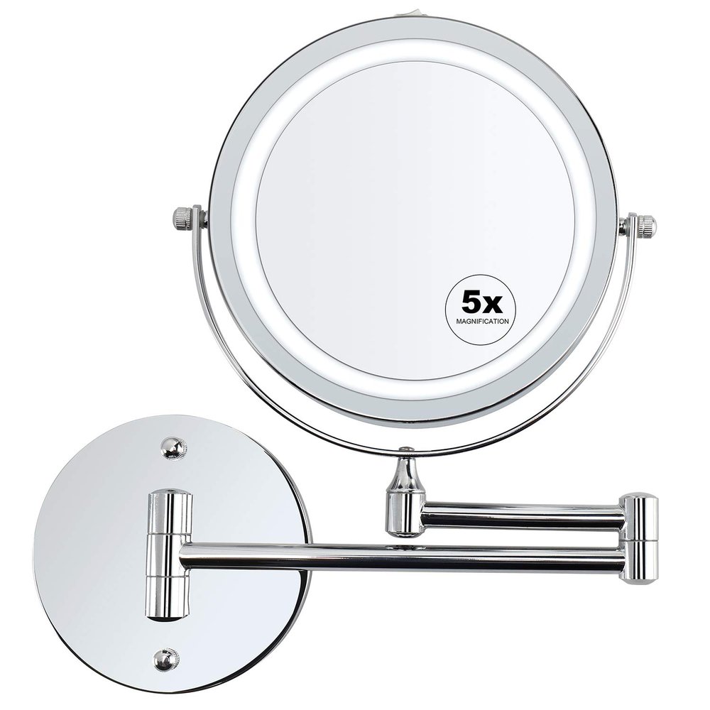 ALVOROG Wall Mounted Makeup Mirror LED Lighted Double Sided 5X Magnification 360 Swivel Extendable Cosmetic Vanity Mirror for Bathroom Hotels, Powered by Batteries (Not Included)-7 inches