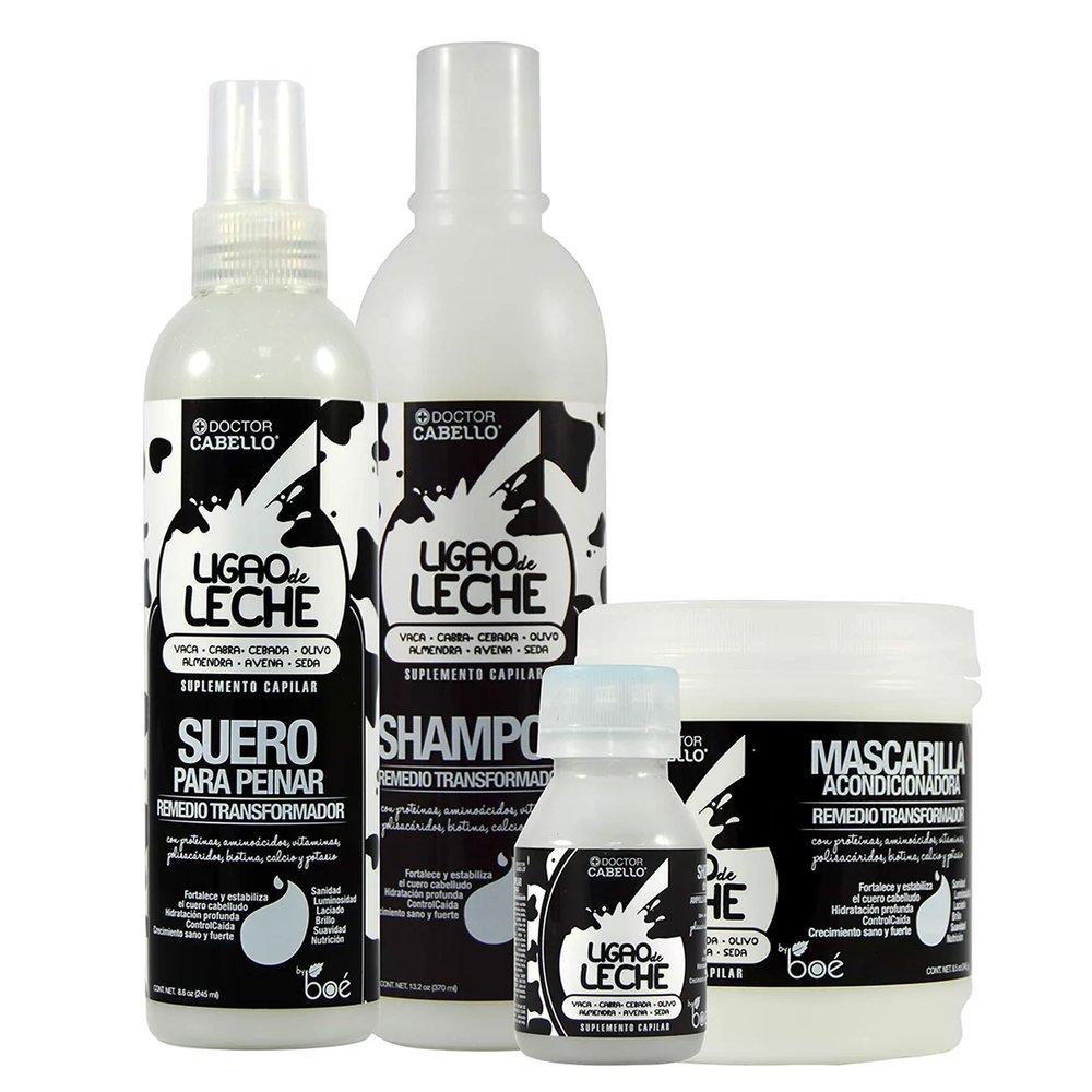 Doctor Cabello Ligao de Leche 4-Piece Hair Care Set Shampoo 12.5 oz, Combing Spray 8.3 oz, Protein Shot 2.3 oz, Hair Mask 16 oz Milk Proteins, Biotin & Vitamins for Repair, Shine & Smoothness
