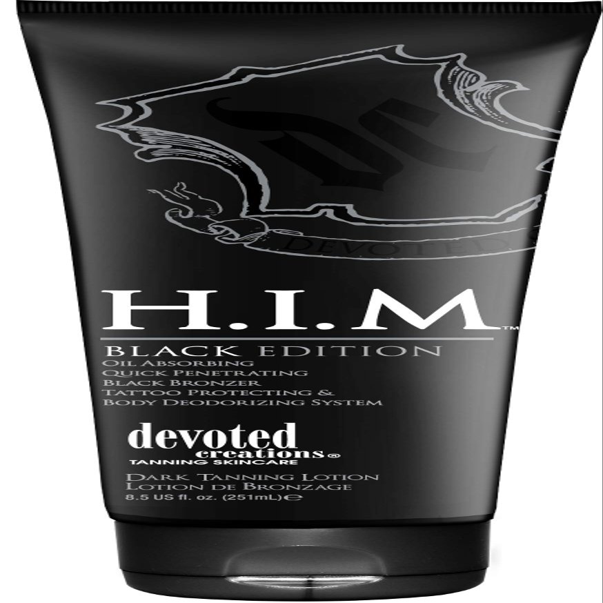 Devoted Creations H.I.M. Black Edition, Oil Absorbing Quick Penetrating Black Tan Lotion Bronzer, 8.5 oz.