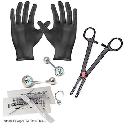 8-piece Piercing Kit Including Nose, Belly, Barbell Jewelry Also Gloves, Forceps and Needles - PK007