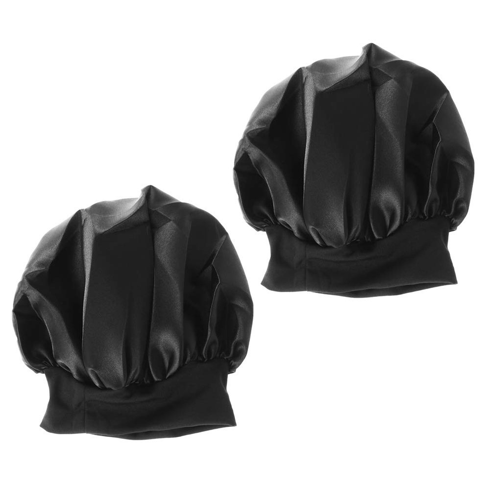 2pcs Satin Sleep Cap hat Long Hair Bonnet Night Hair Bonnet hat for Women Girls (Black)