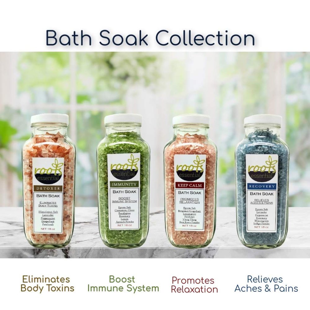 All Natural Therapeutic Bath Soak Bundle - DETOXER Himalayan Bath Soak (18oz), Muscle Recovery Bath Soak (17 oz) Keep Calm Bath Soak (17 oz) and Immunity Bath Soak (17 oz)